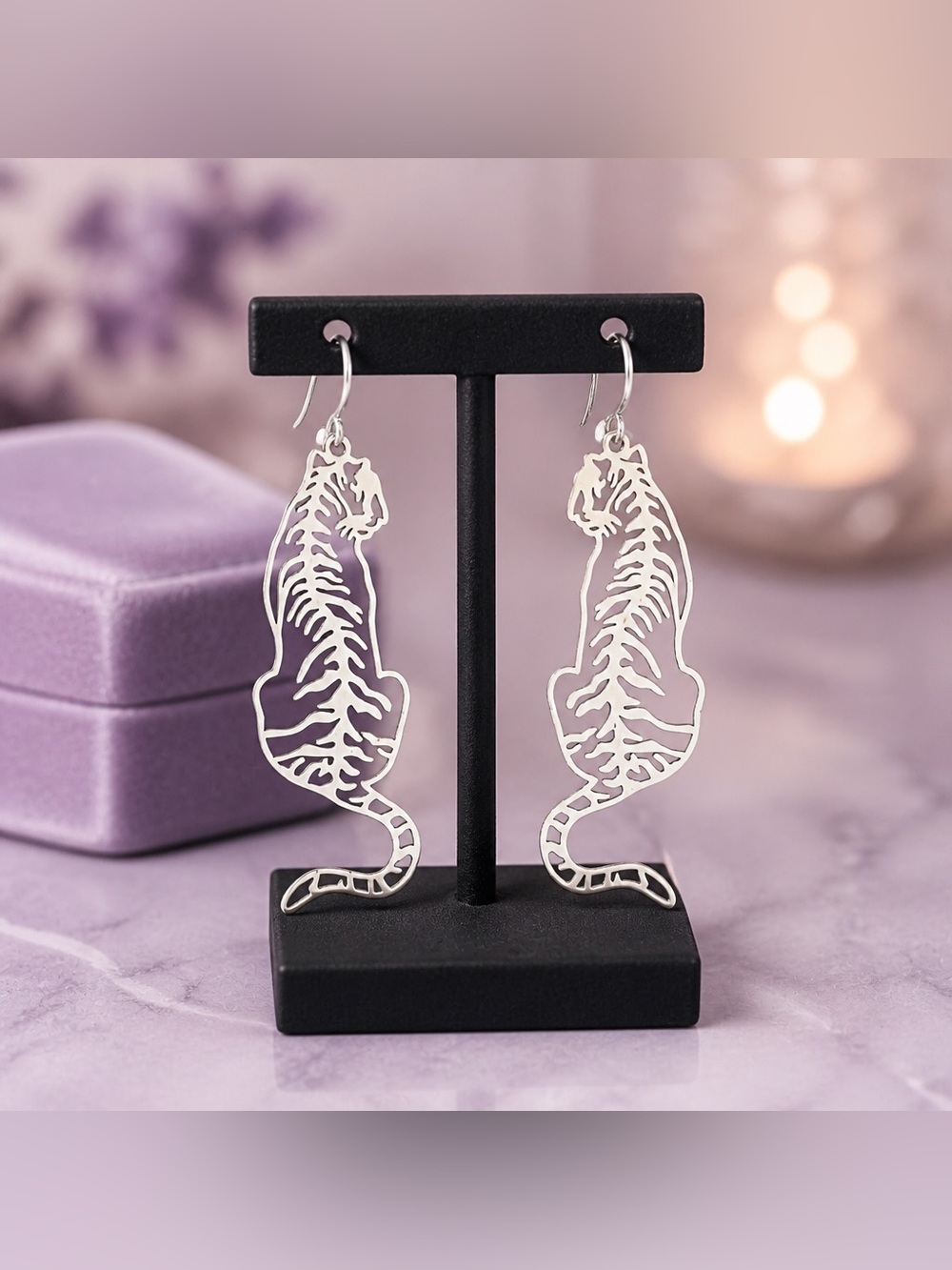 Silver Tiger Cutout Dangle Earrings - Animal Silhouette - hypoallergenic hooks